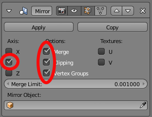 Axis: Y, Options: Merge, Clipping, Vertex Groups