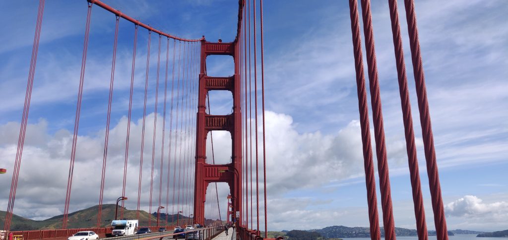 Photo: Golden gate bridge tower and main cables, from the bridge.