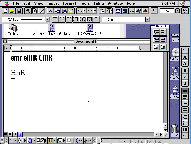 Screenshot of Microsoft Word with 'e m r' written out in the font discussed. It's running in an emulated MacOS 9 environment so everything looks charmingly retro.